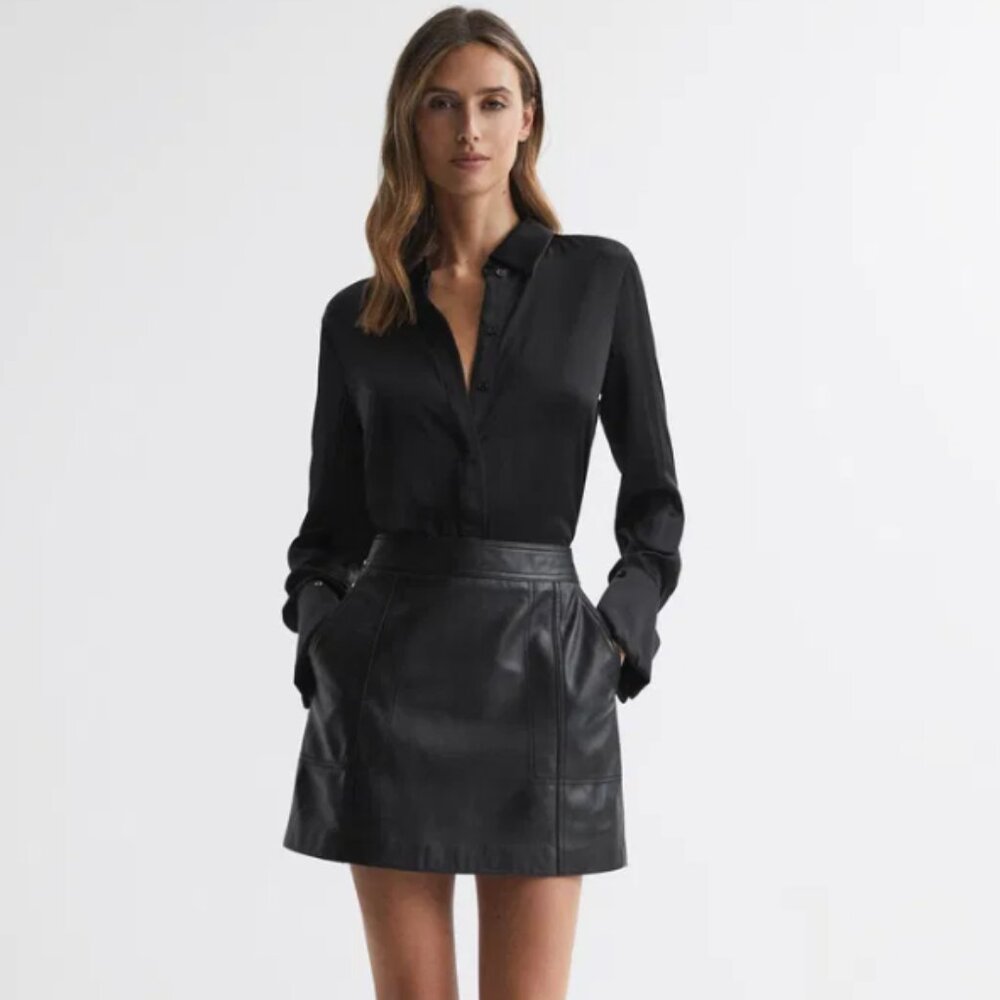 Reiss Black Leather Mini Skirt